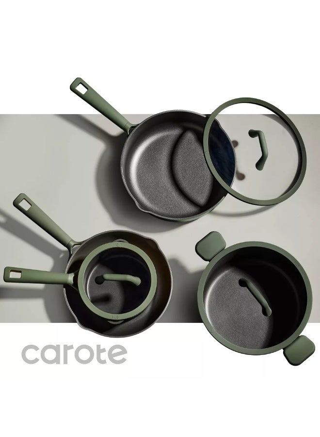 كاروت طقم أواني كاروت 21 قطعة غير لاصق لطهي صحي خالٍ من PFOA، يضم مقالي وقدر طهي ومقلاة تشويح وكسرولة وقدر بخارية ومقلاة 4×1، متوافق مع جميع المواقد وآمن لغسالة الصحون (أخضر داكن) - Image 4